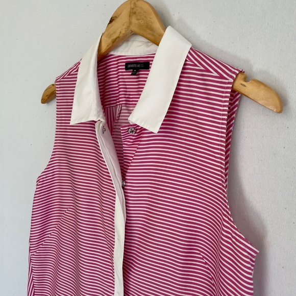 LAFAYETTE 148 Size Medium Pink & White Striped Snap Front Blouse - Picture 2 of 5